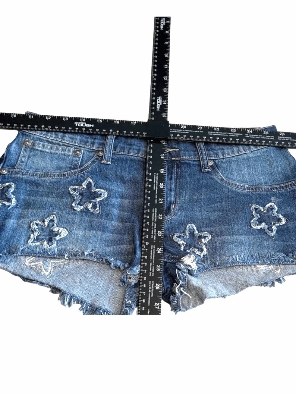 VENUS Blue Distressed Denim Shorts with Star Appliqué